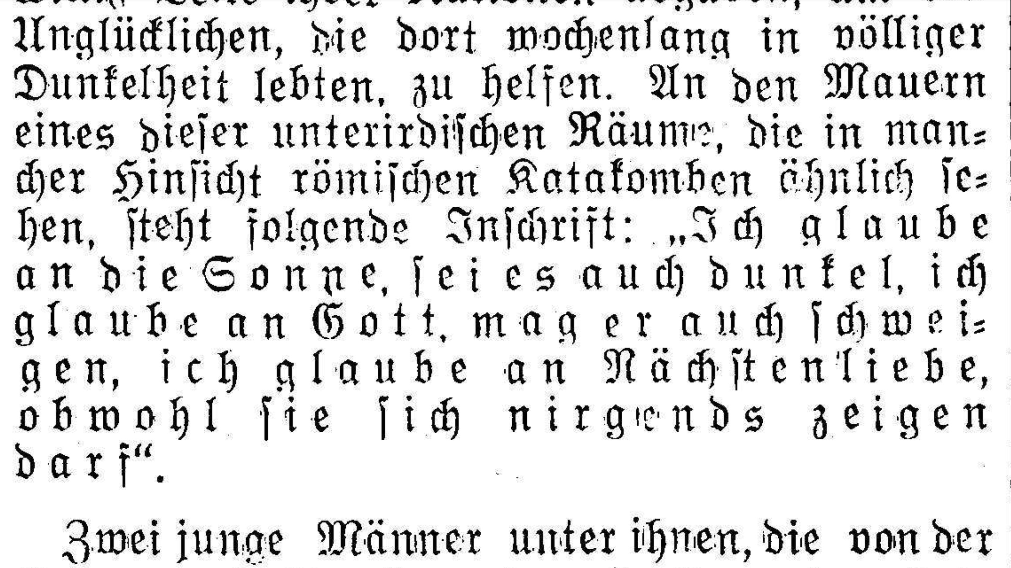 Image of a German language newspaper column, in blackletter text, that includes the "I believe in the sun" quotation.